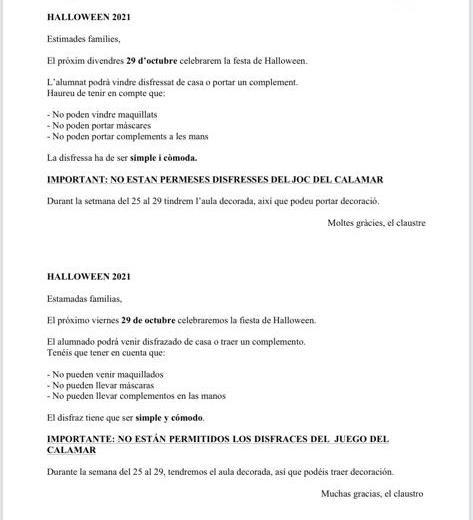 La circular del CEIP José Soriano de Vila-real en la que prohíbe los disfraces de &#039;El juego del calamar&#039;