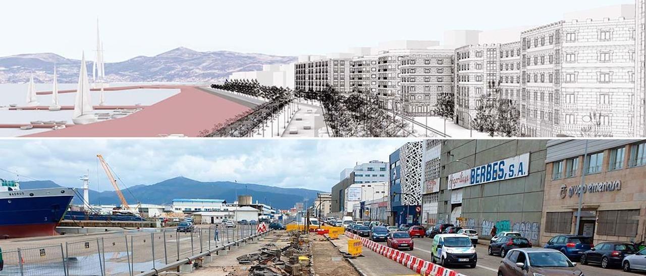 Arriba, así sería hoy Beiramar si se hubiese implementado el Plan Palacios. Abajo, las recientes obras del carril bici en la misma calle.