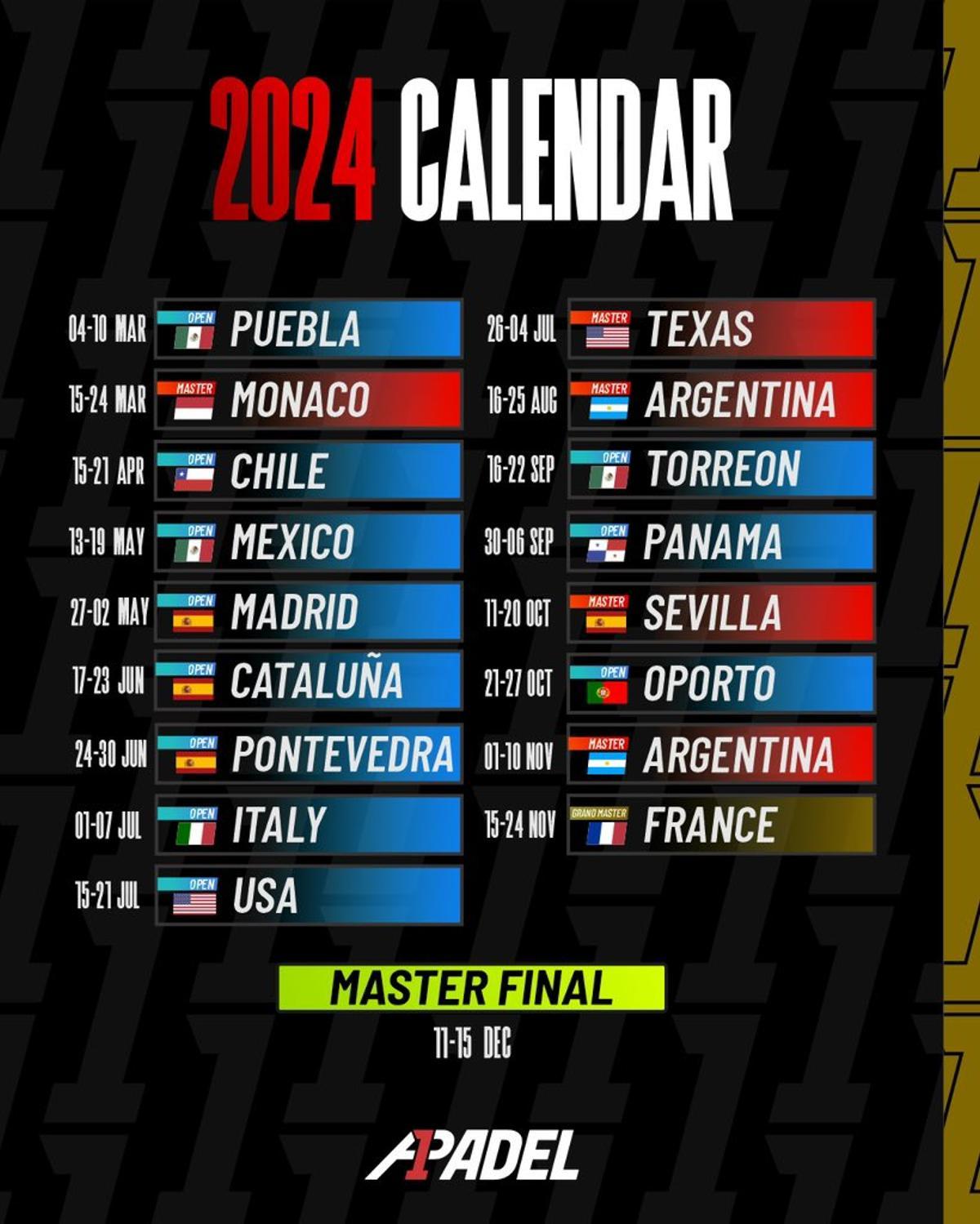 Calendario oficial de A1 Padel