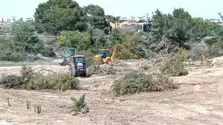 Trabajos de maquinaria pesada en la parcela parcialmente inundable en la que se quieren construir 64 viviendas pero con proyecto todavía en tramitación en Orihuela Costa