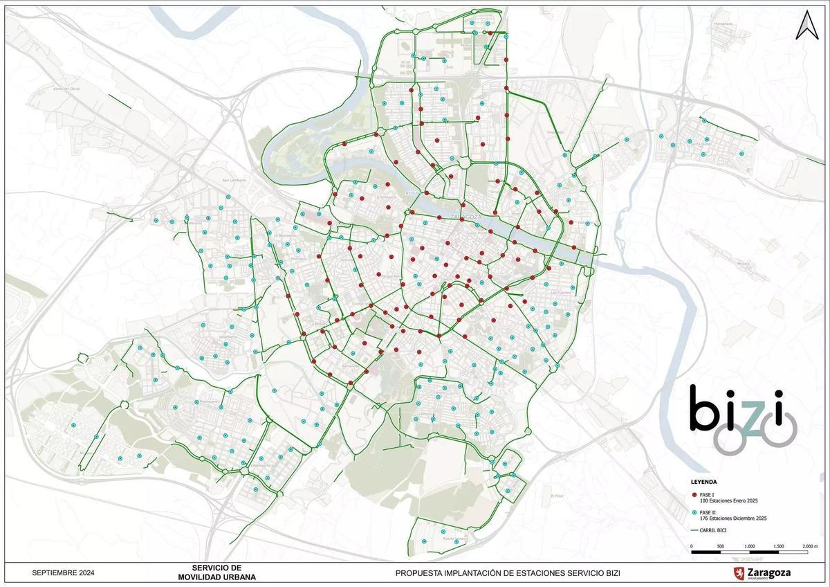 Mapa con la ubicación de todas las estaciones del nuevo Bizi Zaragoza (en rojo la que entrarán en funcionamiento en enero)