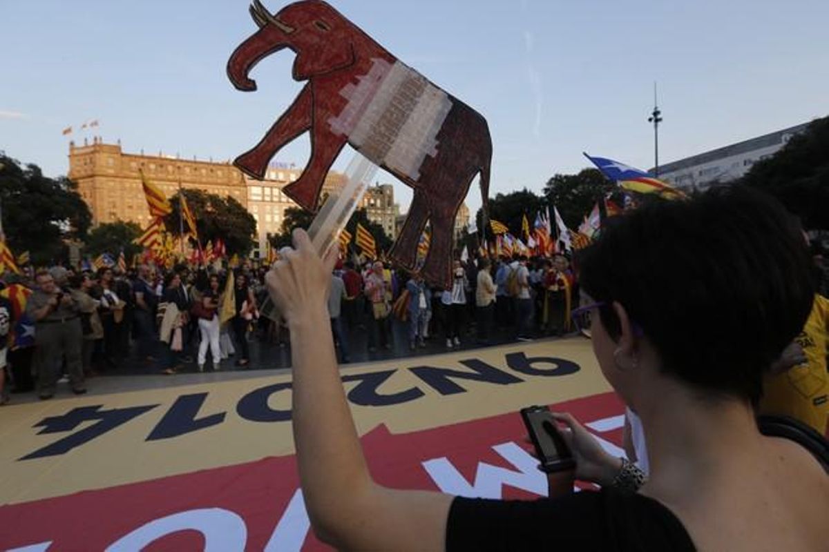 Una manifestant recorda l’afició del Rei a la caça durant la concentració a la plaça de Catalunya de Barcelona, aquest dilluns.
