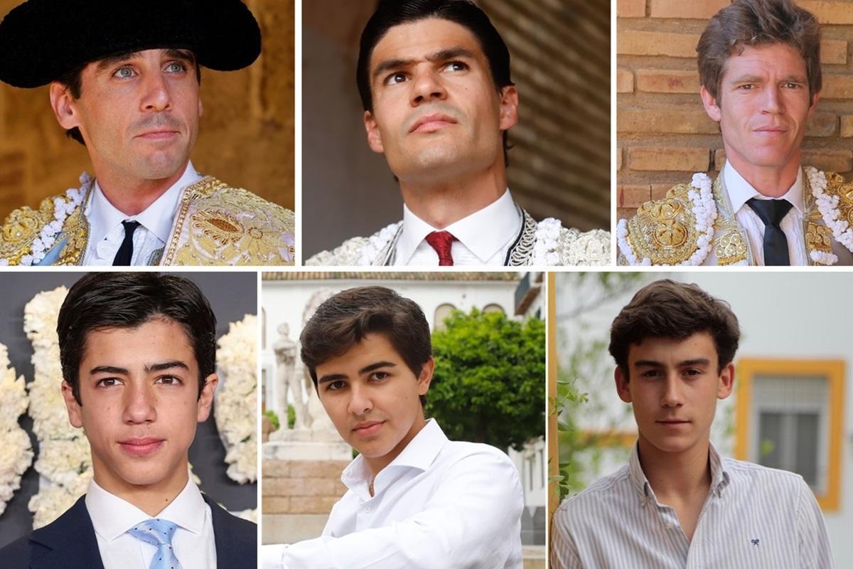 Por arriba, Juan Ortega, Pablo Aguado y Borja Jiménez. Abajo, Marco Pérez, Manuel Román y el novillero Manuel Quintana.