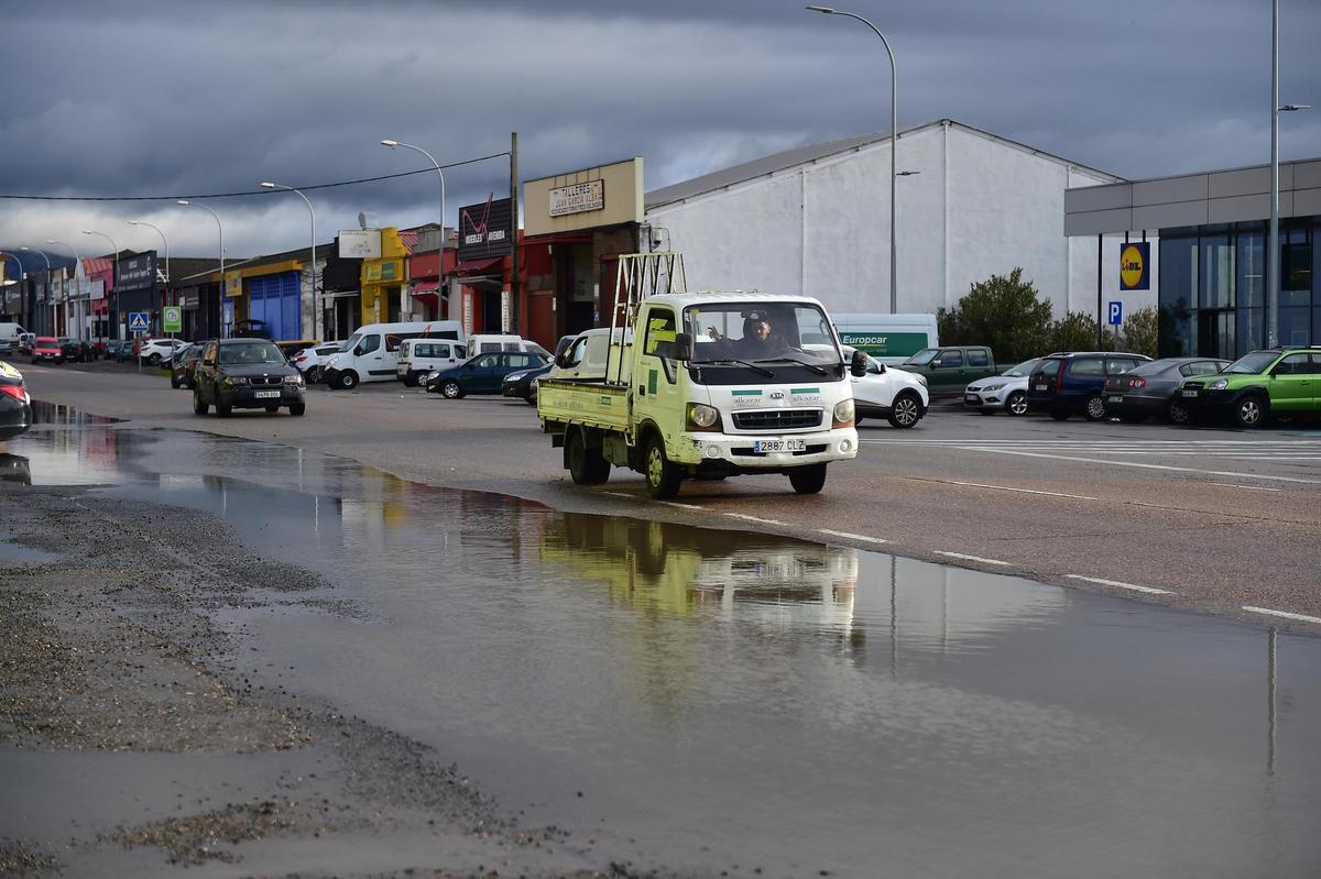 Balsa de agua en la avenida Martín Palomino de Plasencia por la borrasca.