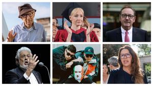 Arriba, Woody Allen, JK Rowling y Kevin Spacey; abajo, Plácido Domingo, Kneecap y Karla Sofía Gascón