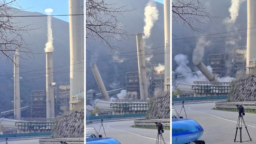 A la segunda va la vencida: demolidas con éxito las dos chimeneas de la central térmica del Narcea