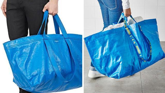 A la izquierda, un modelo con el bolso de Balenciaga. Al lado, la Frakta de Ikea.
