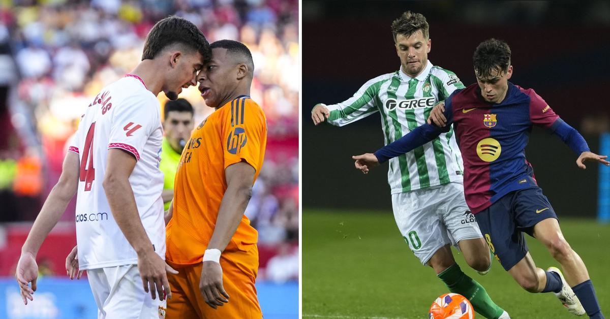 Kike Salas y Mbappé, y Lo Celso y Pedri, en un montaje correspondiente al Sevilla-Madrid y al Barça-Betis de la Liga 24/25