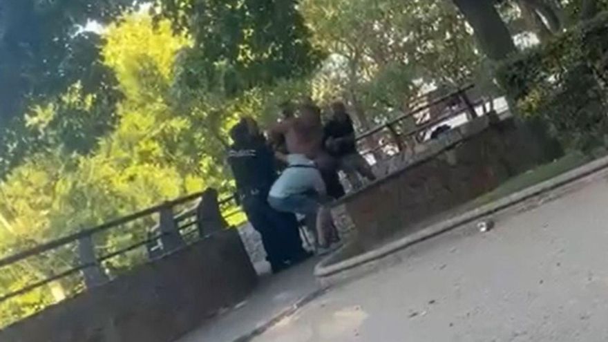 Varios agentes de la Policía Nacional de Zamora detienen al acusado, que aparece con el torso descubierto.