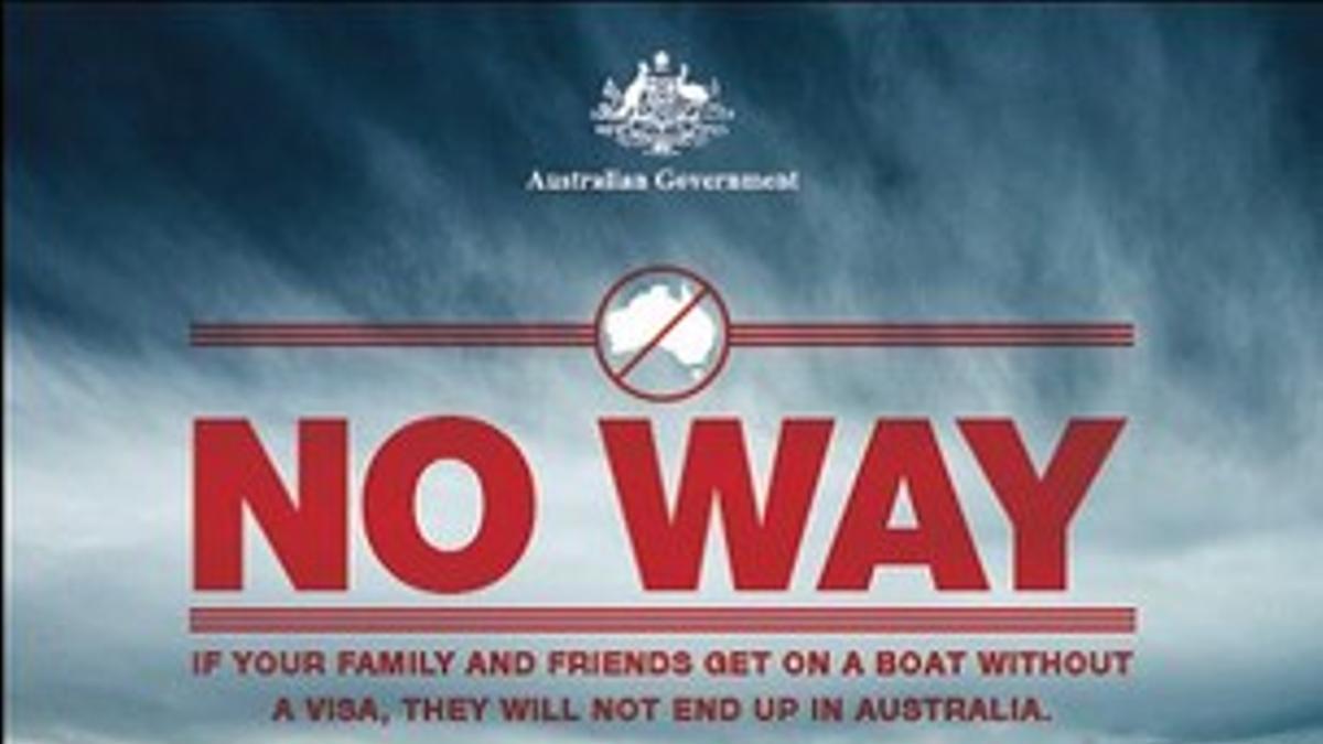 Cartel dirigido a los inmigrantes que ya están en Australia, para que alerten a sus familiares en otros países.