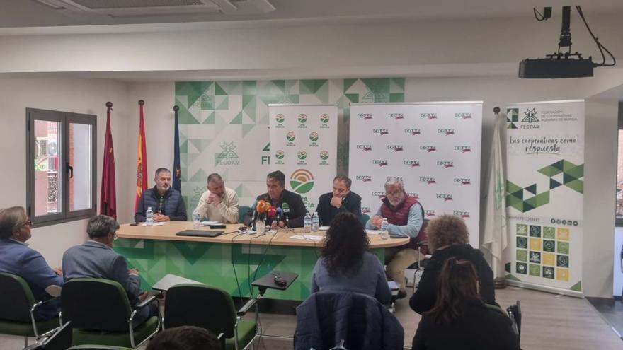 Representantes de las organizaciones agrarias, en rueda de prensa.  | FECOAM