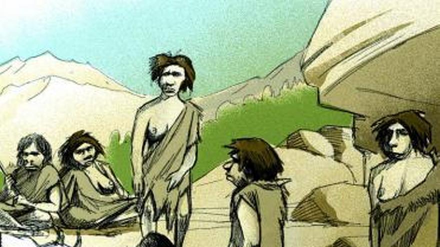 Dibujo sobre el grupo de neandertales que vivieron en la cueva de Sidrón. / lne