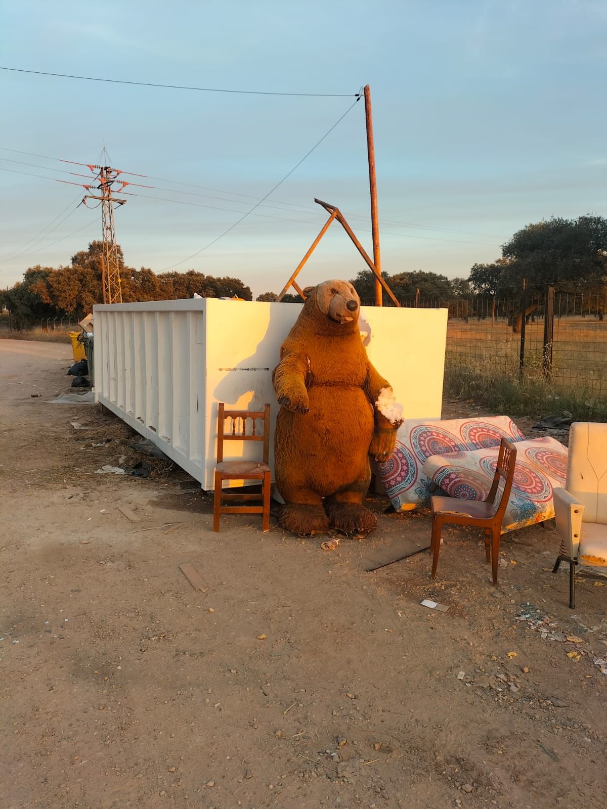 El oso de Natura, junto a un contenedor, en Bótoa.