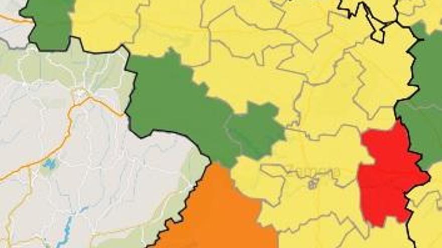 Mapa de casos en la última semana: en verde las zonas con cero casos, en amarillo las intermedias, y en naranja y rojo las más afectadas