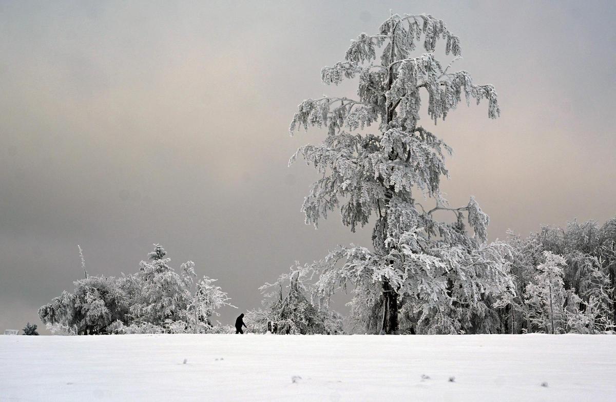 Paisaje cubierto de nieve en la montaña Kahler Asten cerca de Winterberg, Alemania occidental