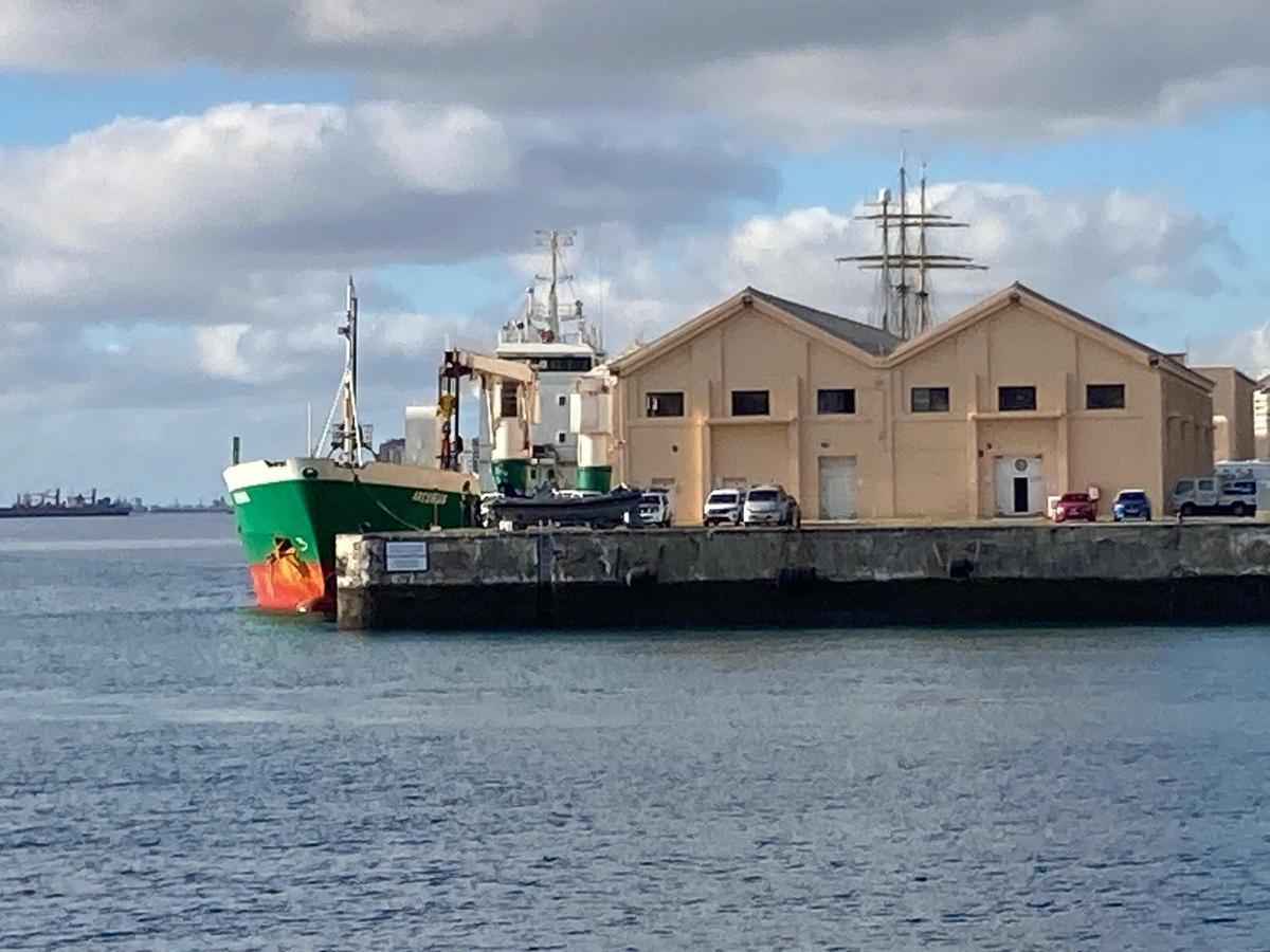 El buque 'Arconian' (de color verde), atracado en el Puerto de Las Palmas con el mayor alijo de cocaína intevenido en alta mar cerca de Canarias.