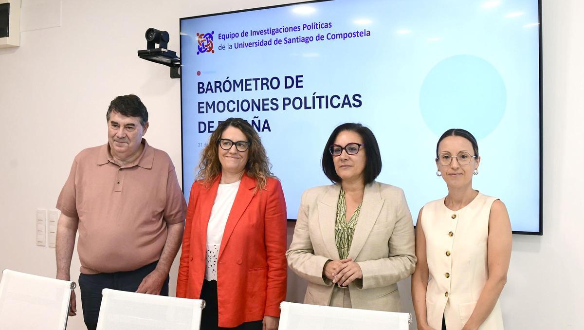 De izquierda a derecha, Miguel Anxo Bastos, Erika Jaráiz, Nieves Lagares y María Pereira en la presentación del Barómetro de Emociones Políticas de España, ayer, en la Facultade de Ciencias Políticas de la USC.