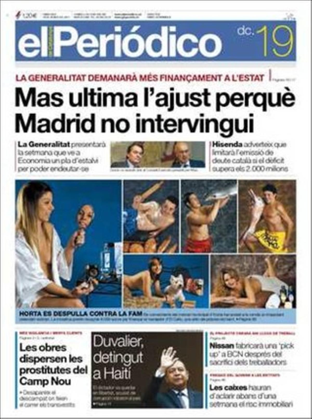 EL PERIÓDICO també dóna rellevància a dins al fet que el nou Govern de Tunísia s’ensorra per la pressió popular, i que els bisbes d’Itàlia carreguen fort contra Berlusconi; que Duran es fixa com a primera meta desencallar la gestió del Prat, i que CiU i PSC impedeixen que hi hagi més transparència sobre el patrimoni dels diputats; que el Govern de Mas veu amb bons ulls vetar el vel integral, que gairebé 500 metges van denunciar agressions físiques i verbals el 2010 a Espanya; que la UE planeja incloure la liquiditat en els nous tests a la banca; que Carles Sumarroca presidirà Femcat; i al miracle de la Molina: ha mantingut les pistes del mundial de Surf de neu malgrat la falta de neu i les altes temperatures. Presenta, a més, l’obra pòstuma recuperada de Roberto Bolaño, una entrevista a Patricia Cornwell i explica que Nicole Kidman estrena maternitat del seu quart fill, gestat en un ventre de lloguer.