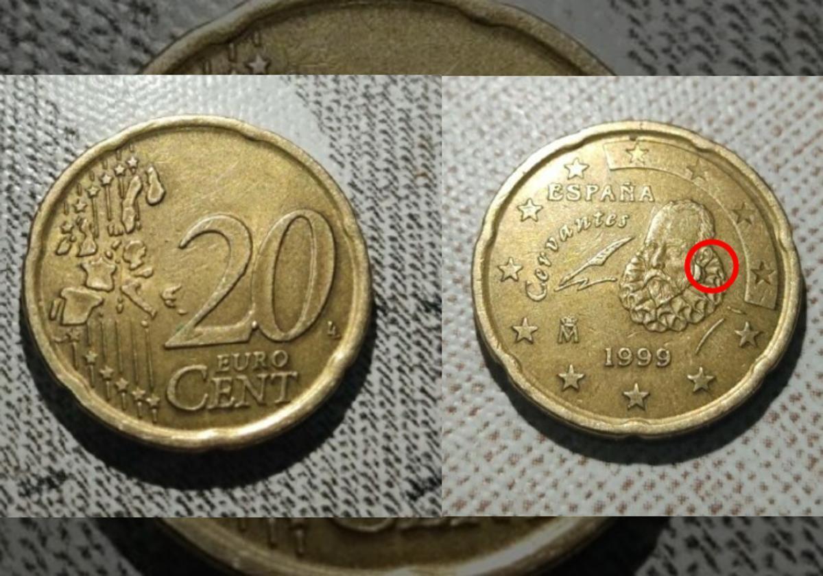 Moneda de 20 céntimos con la imagen de Cervantes, acuñada en nuestro país en 1999