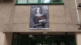 Luísa Villalta na fachada do Xelmírez I de Santiago nun retrato coas fotos dos membros do instituto