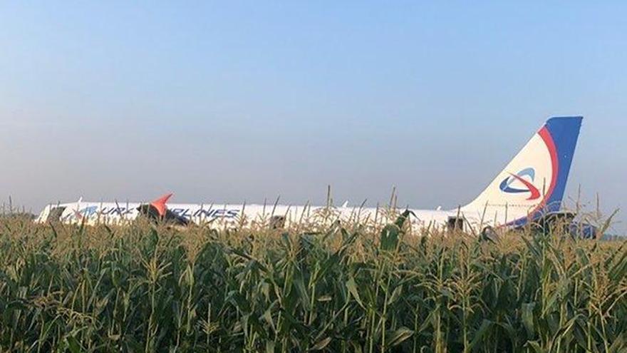 Espectacular aterrizaje de emergencia de un Airbus en un maizal cerca de Moscú
