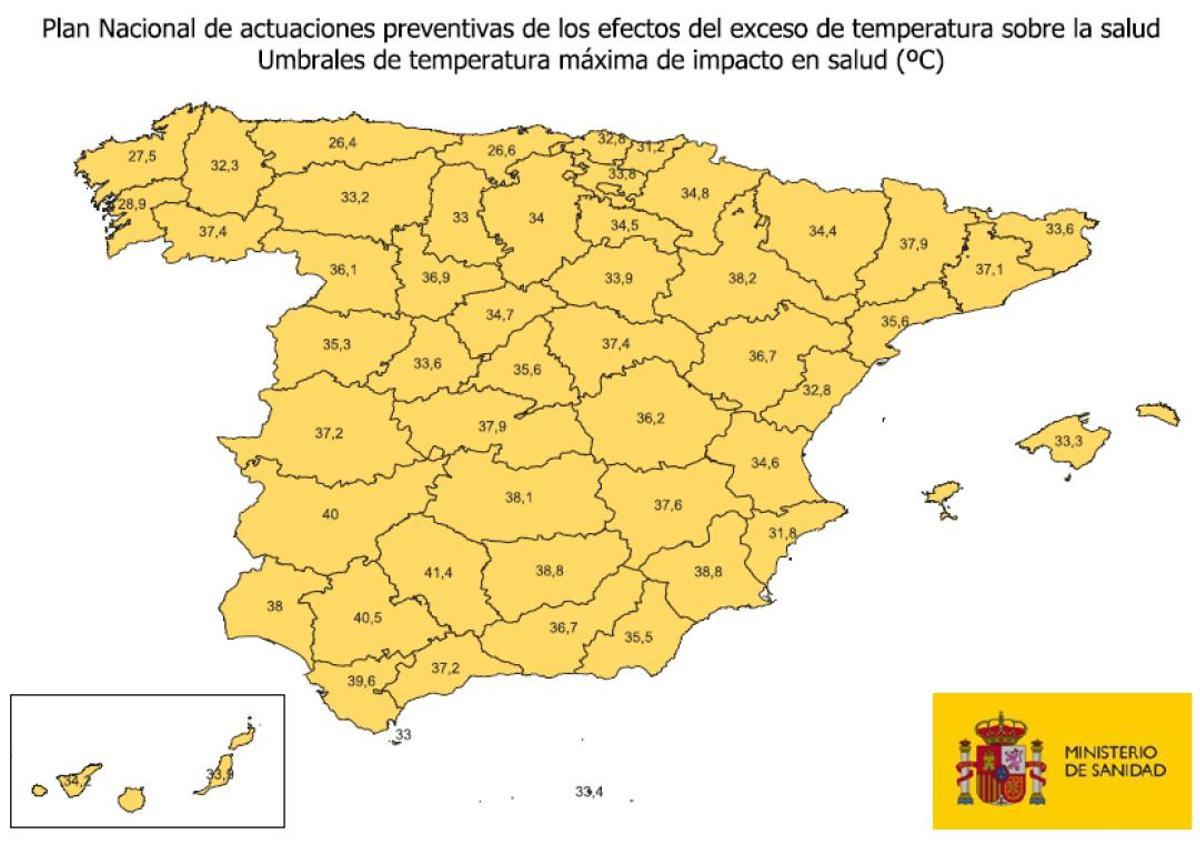 Mapa de umbrales de riesgo por calor en España.