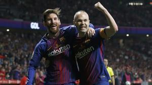 Leo Messi y Andrés Iniesta celebrando un gol en la final de la Copa del Rey de 2018