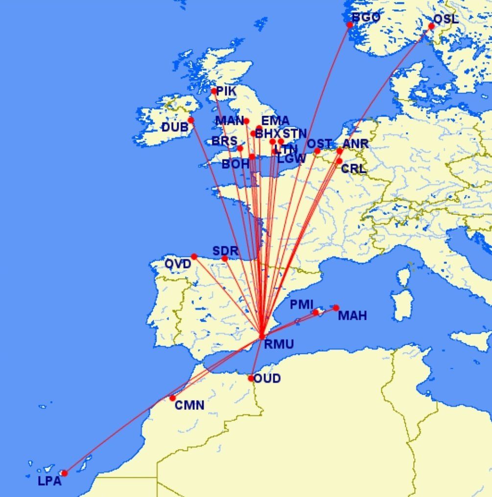 Mapa de rutas desde el Aeropuerto Internacional de la Región de Murcia