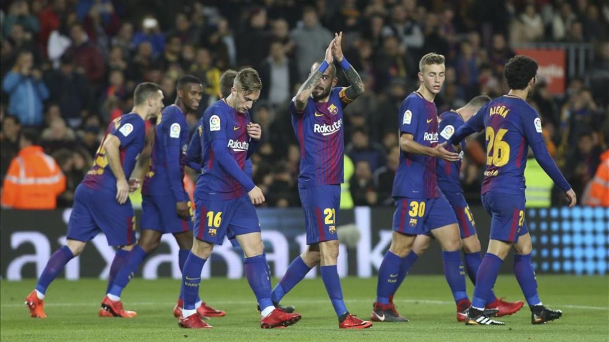 Los jugadores del Barça, en la goleada ante el Murcia