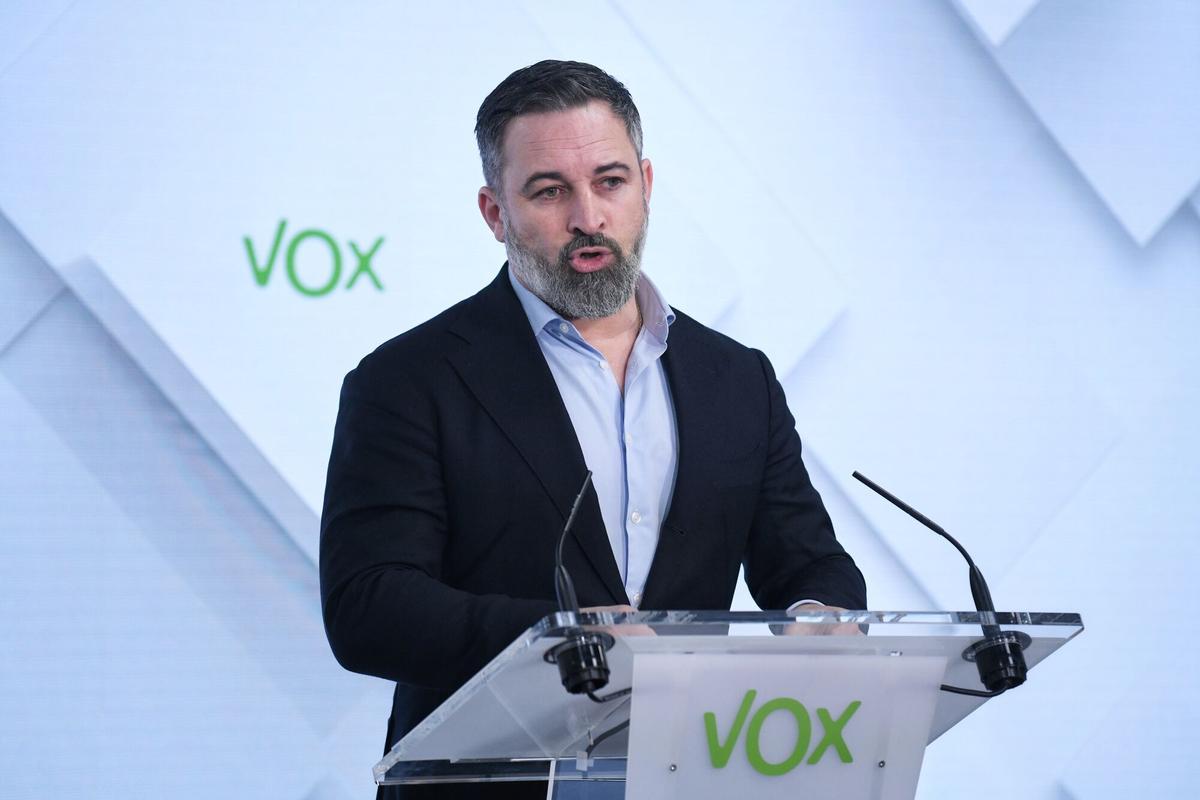 El líder de VOX, Santiago Abascal, durante una rueda de prensa posterior al Comité de Dirección del partido.