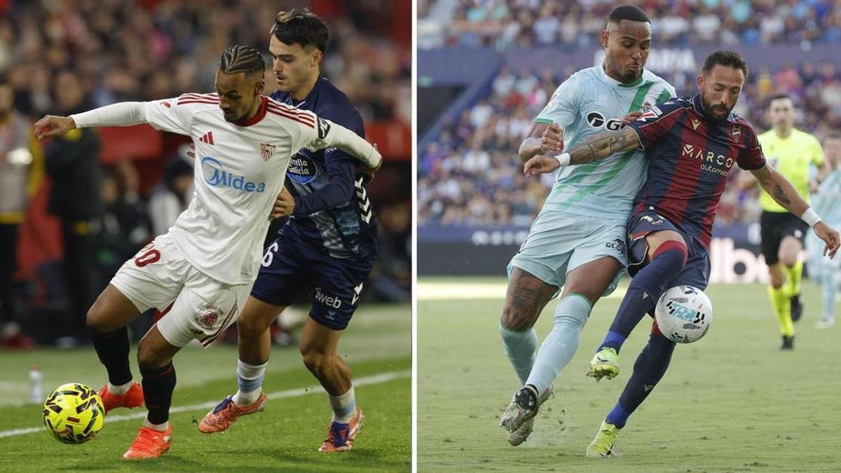 Montaje de fotos de archivo del Sevilla-Celta y del Levante-Betis de la ida de esta Liga