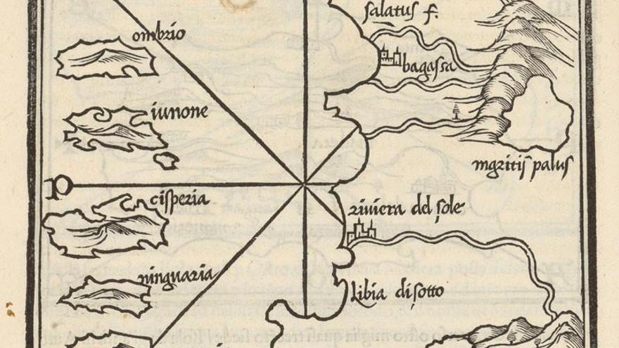 Mapa de Benedetto Bordone, 1534 (Las islas Ombrios, Iunone, Cisperia, Ninguaria, Canaria, Pituxia)