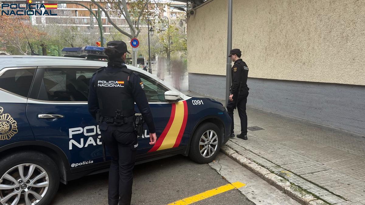 Agentes de la Policía Nacional, ante la sede de la Jefatura, en Palma.