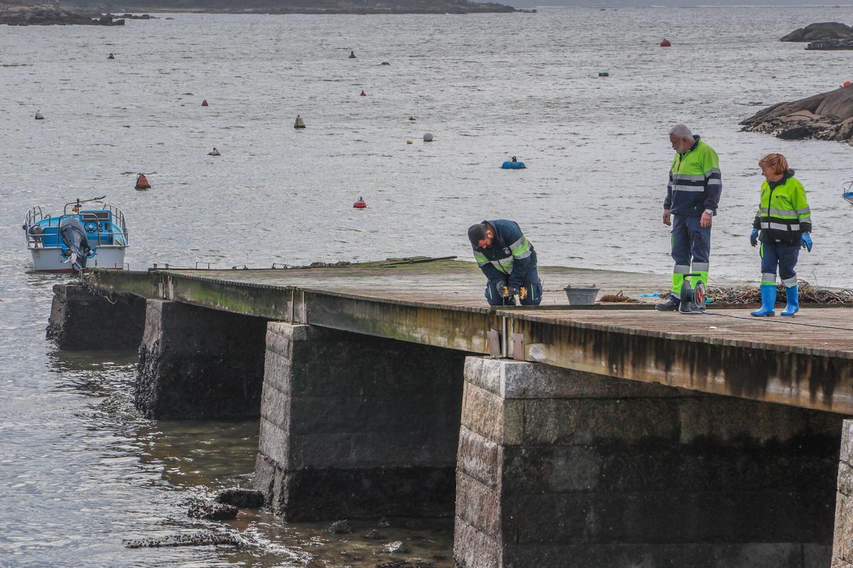 Operarios asegurando la parte aún en pie del muelle de madera.