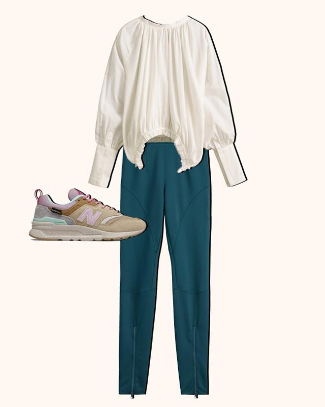 Look con leggings de H&amp;M, blusa vaporosa de H&amp;M y zapatillas New Balance