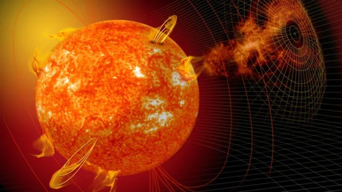Representación gráfica del Sol en erupción, con múltiples y grandes tormentas solares afectando al clima espacial.