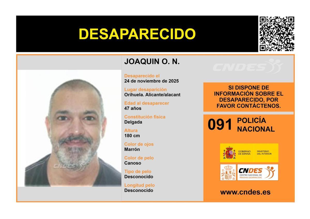 Alerta de un hombre desaparecido en Orihuela