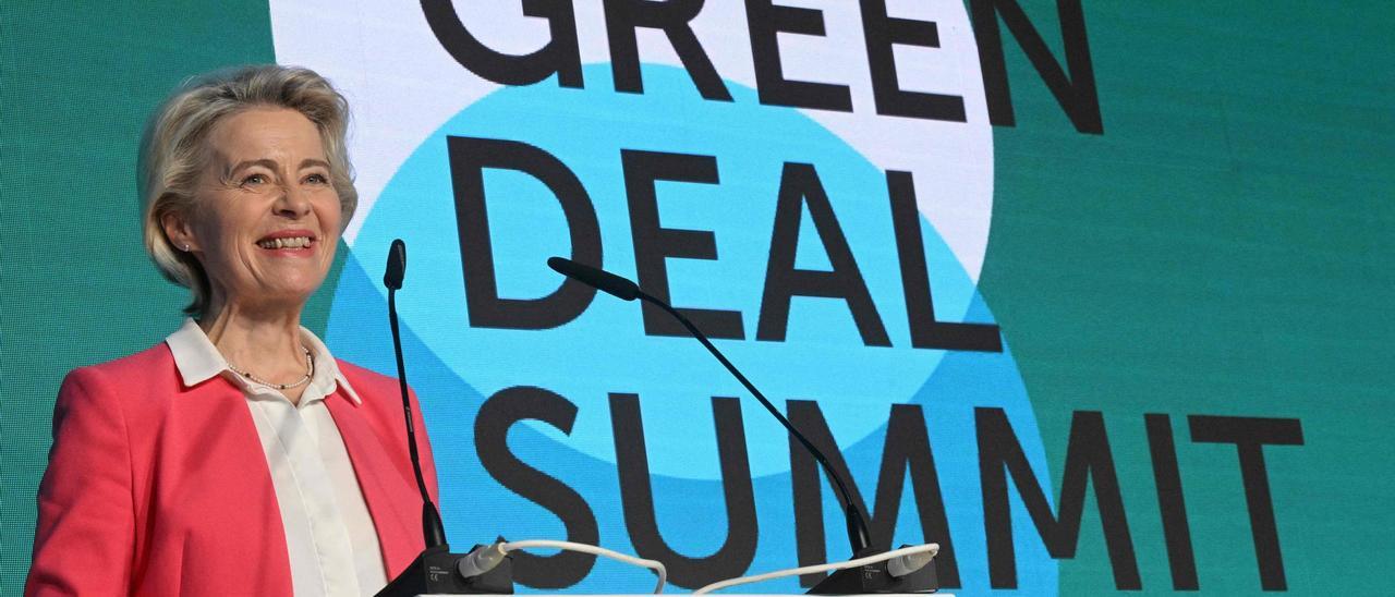 La presidenta de la Comisión Europea, Ursula von der Leyen, durante su intervención en la cumbre del Pacto Verde el pasado 26 de septiembre en Praga.