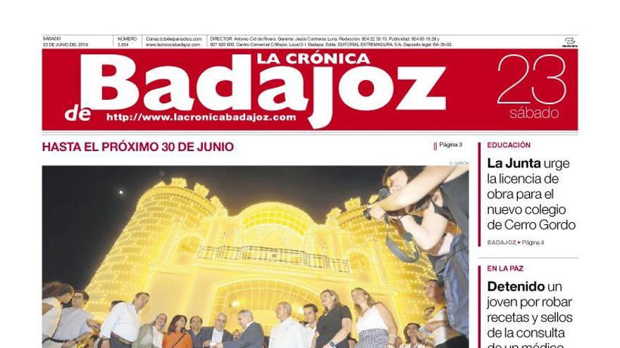 Esta es la portada de LA CRÓNICA DE BADAJOZ correspondiente al día 23 de junio del 2018