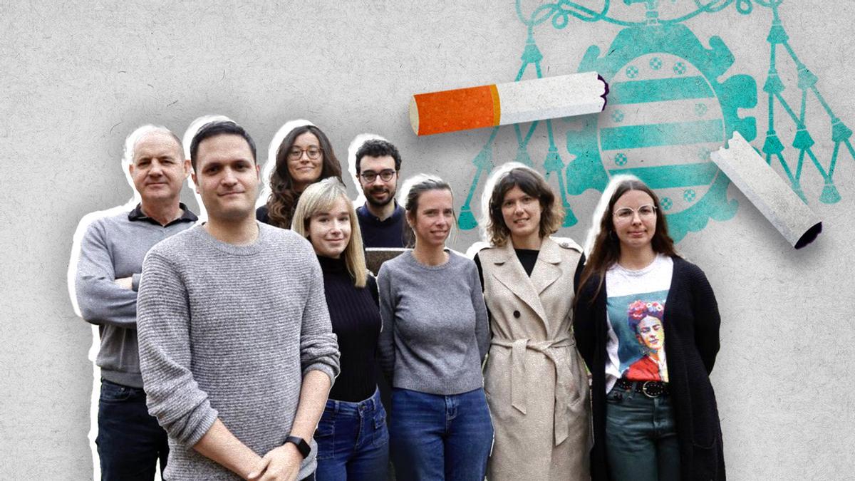 El Grupo de Conductas Adictivas, ante la Facultad de Psicología. Detrás, Roberto Secades, Layla Alemán e Ignacio Cuesta. En primer término, Ángel García, Clara Iza, Sara Weidberg, Alba González y Andrea Krotter.