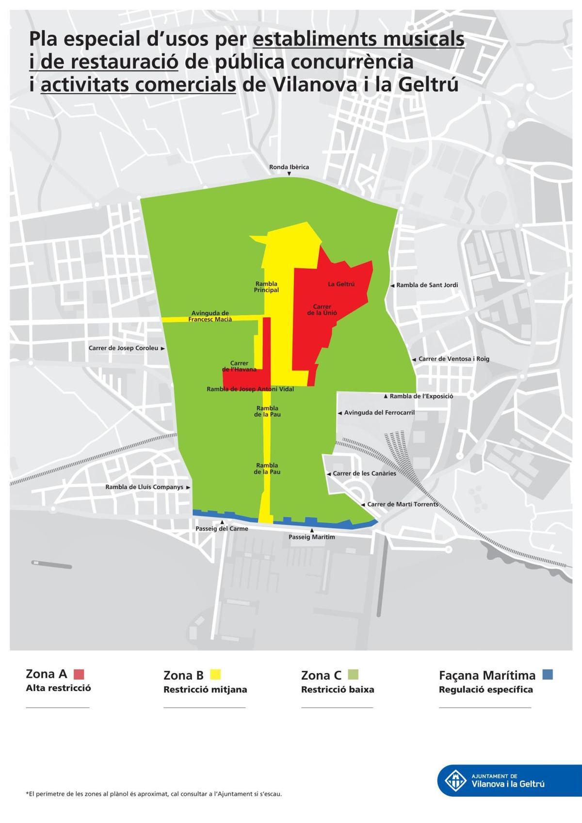Mapa del nuevo Plan de Usos del centro antiguo y del barrio de la Geltrú de Vilanova