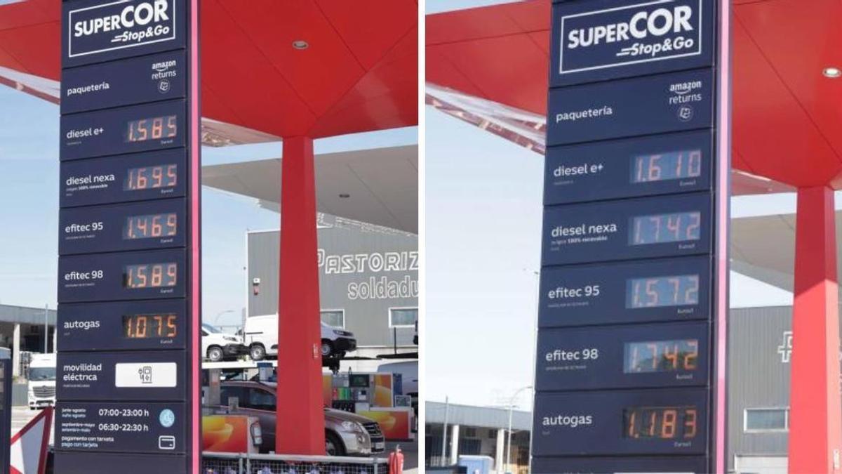 Tabla de precios de una gasolinera de Vigo. A la izquierda, precios del 30 de junio; a la derecha, del 1 de julio.