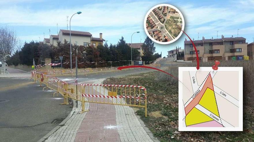 Zona vallada en la calle Catalanas en confluencia con la calle Zafra. La propiedad ha cerrado los casi 900 metros que considera suyos y el Ayuntamiento va a expropiar para consolidar el vial. A la derecha, en rojo, área de la expropiación