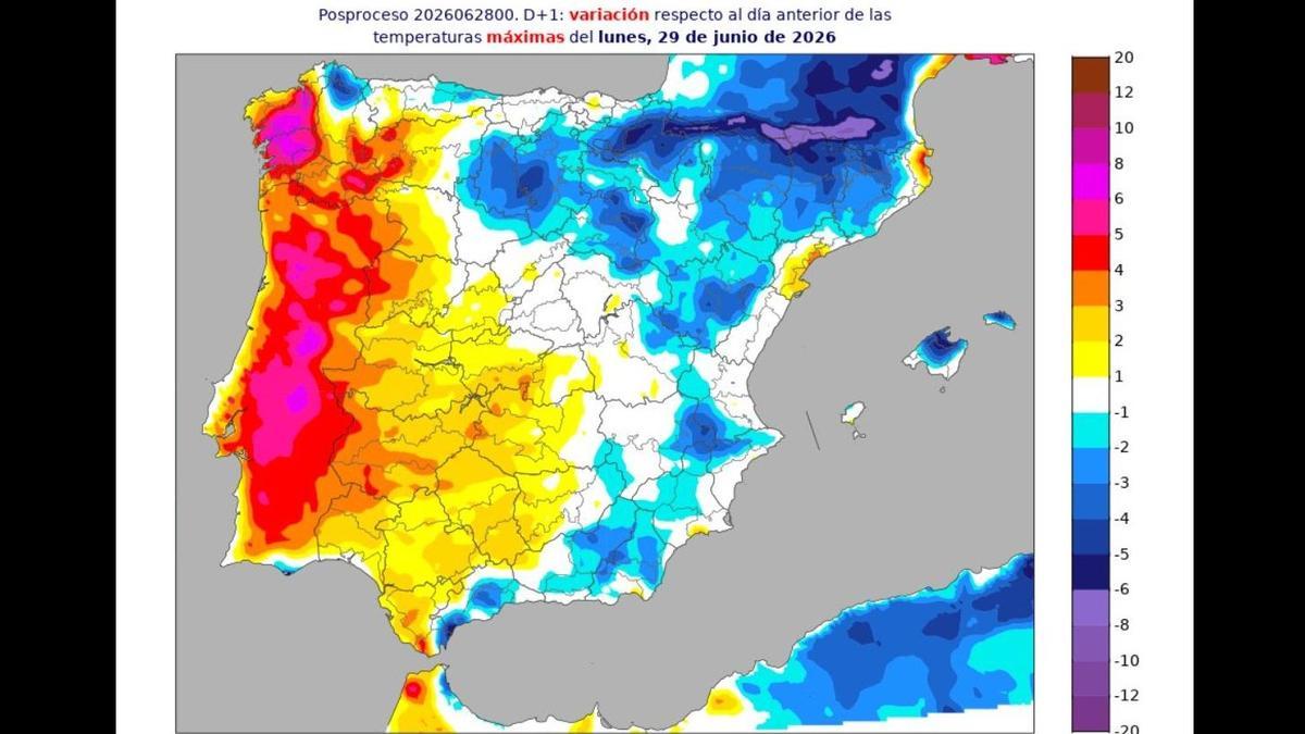 Variación de temperaturas en España hoy lunes, 29 de junio, en mapa elaborado por la Aemet.