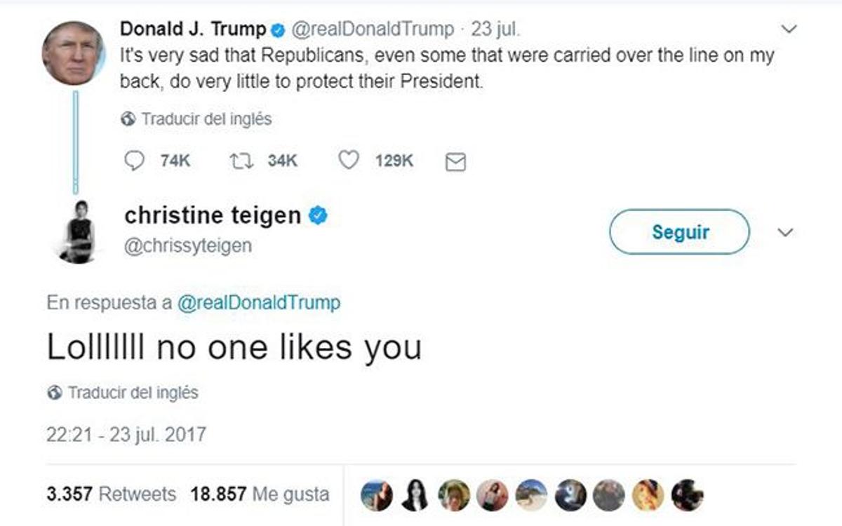 Respuesta de Chrissy Teigen a Donald Trump en Twitter