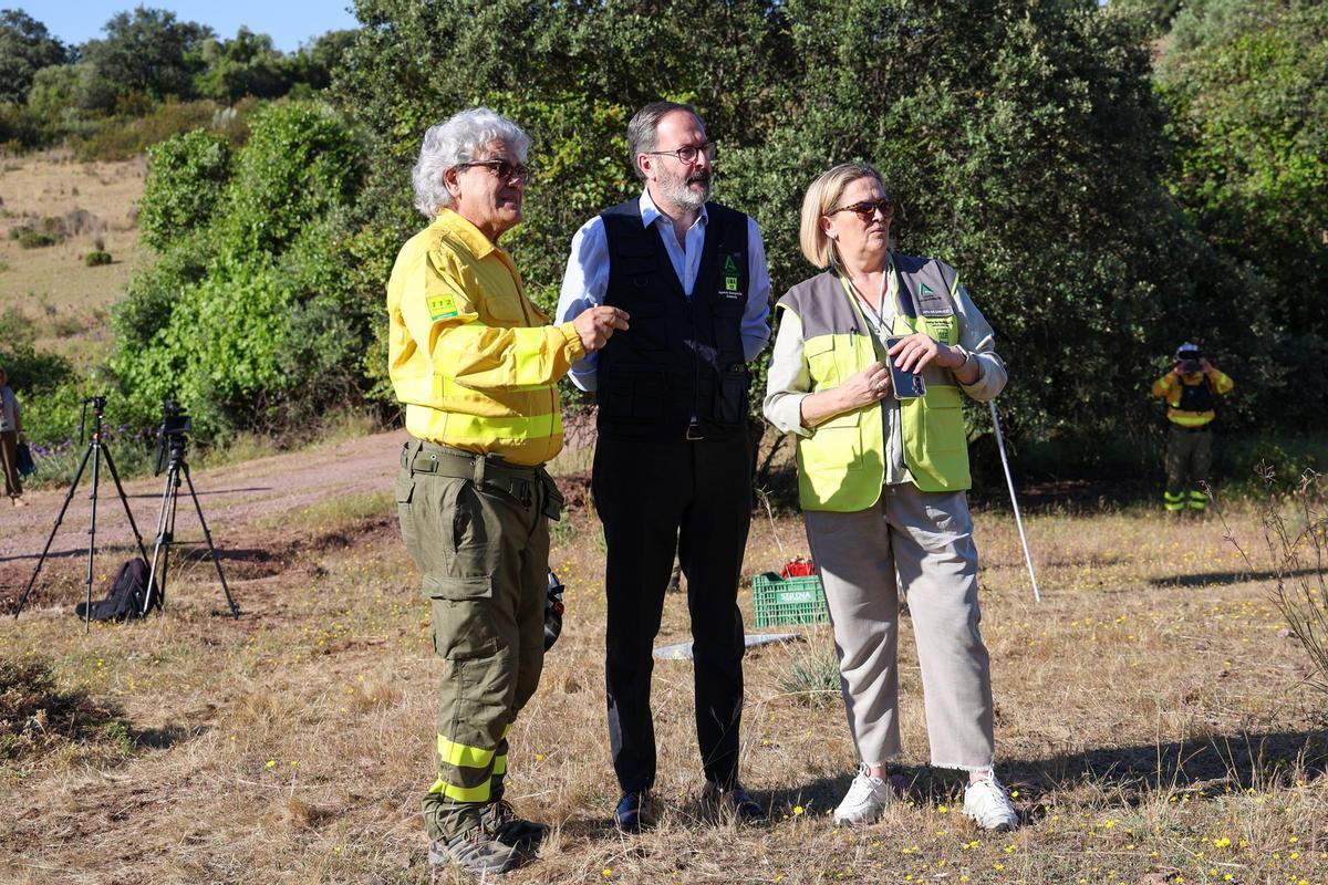 El delegado del Gobierno de la Junta de Andalucía en Córdoba, Adolfo Molina (c), observa las tareas de los bomberos forestales junto a la urbanización de Santo Domingo.
