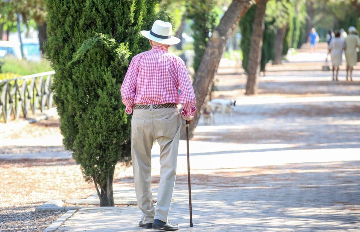 Un ancià passeja sol, recolzant-se al seu bastó.