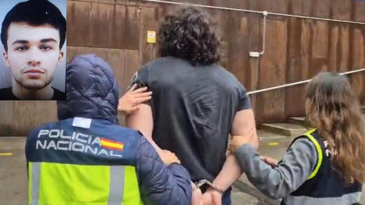 Dos policías conducen a Gacevic, (a la izquierda, el aspecto que tenía cuando huyó, en 2024) el asesino más buscado de Serbia, tras su detención en las calles de Barcelona.