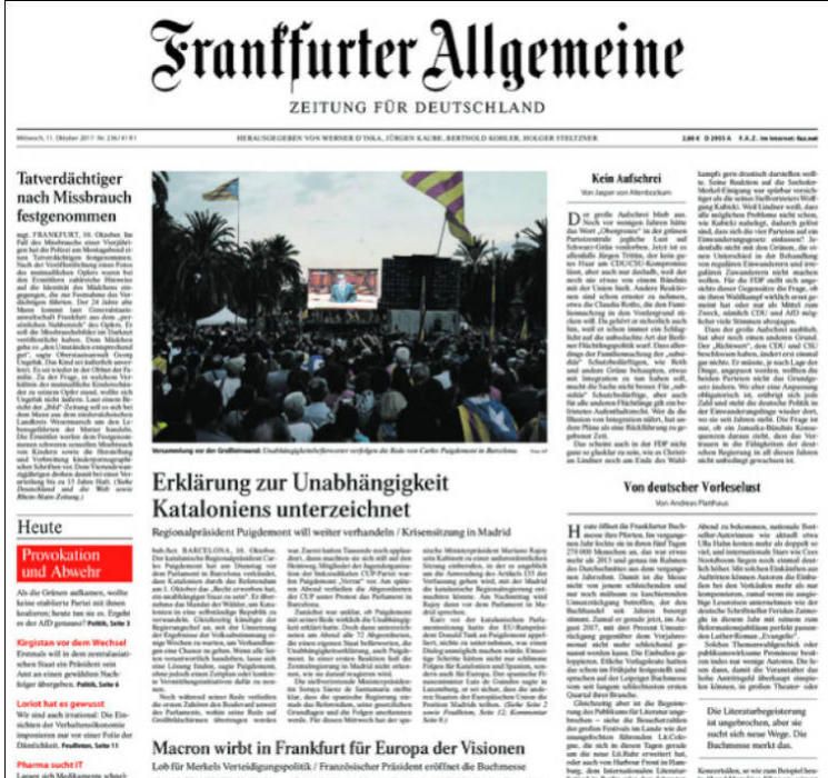 'Frankfurter Allgemeine Zeitung' también lleva la situación en Cataluña a su portada.