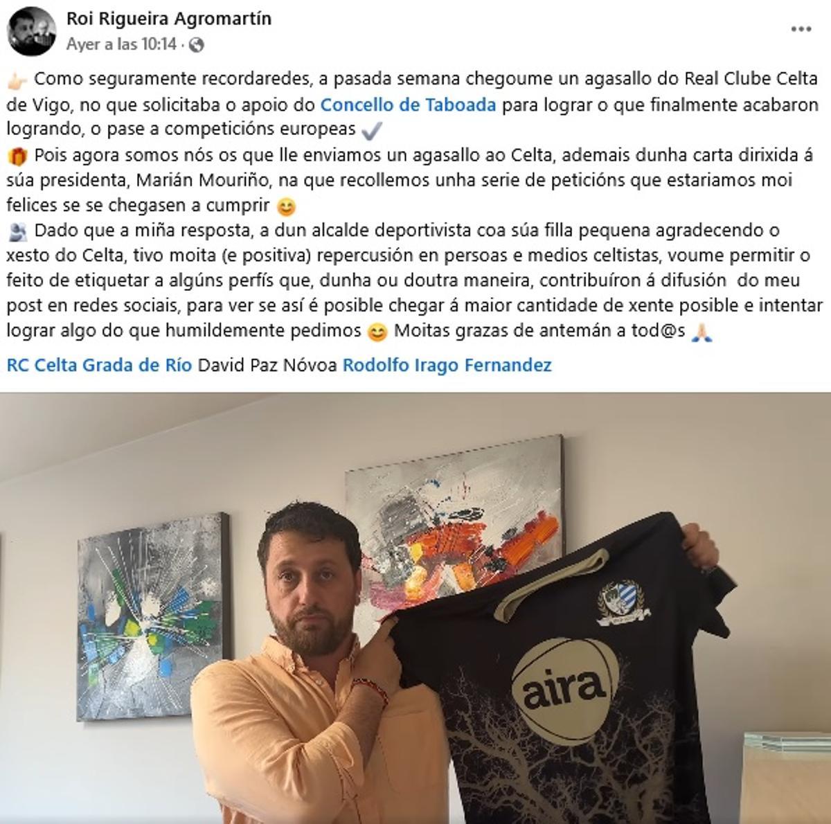 Publicación en Facebook del alcalde de Taboada, con un mensaje dirigido al Celta.